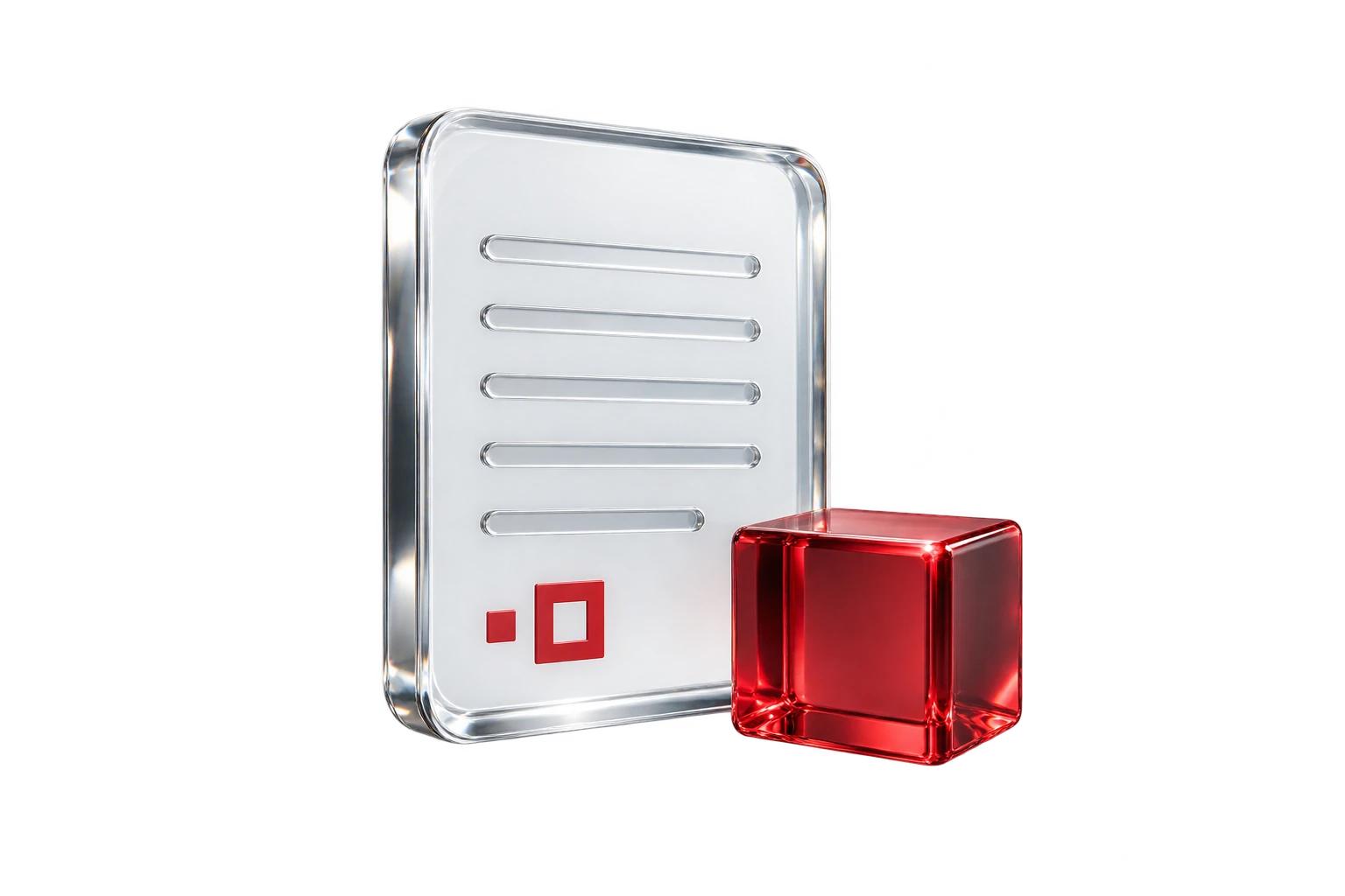 A clear glass document with the Agoric mark beside a ruby glass cube.