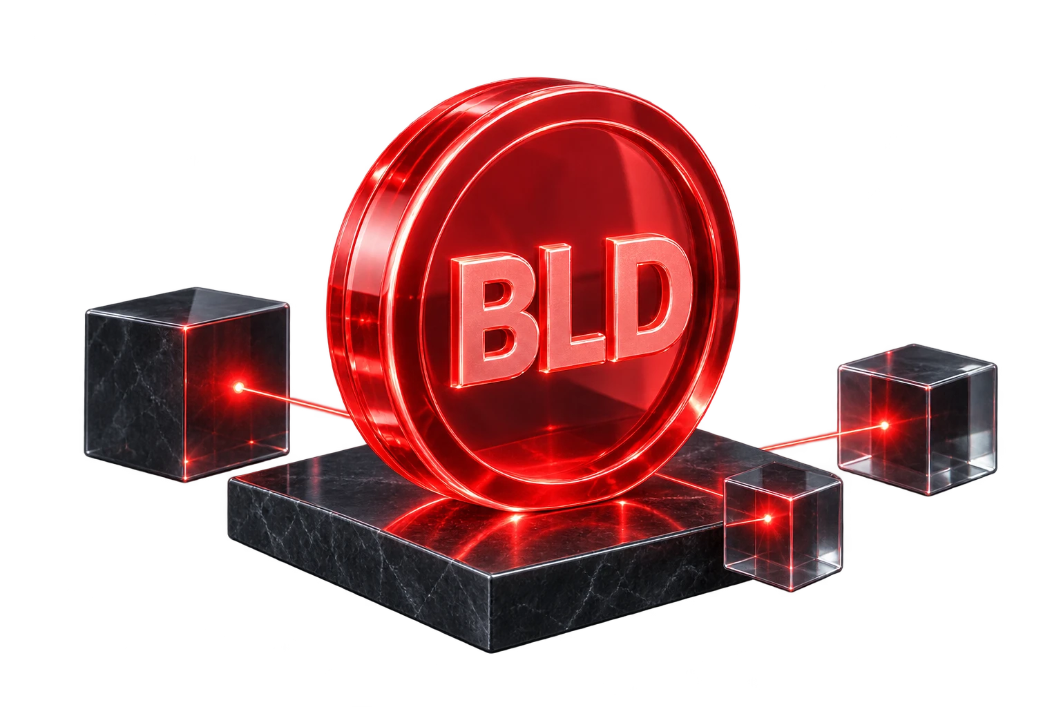 An upright ruby glass BLD token on a dark pedestal beside connected glass cubes.