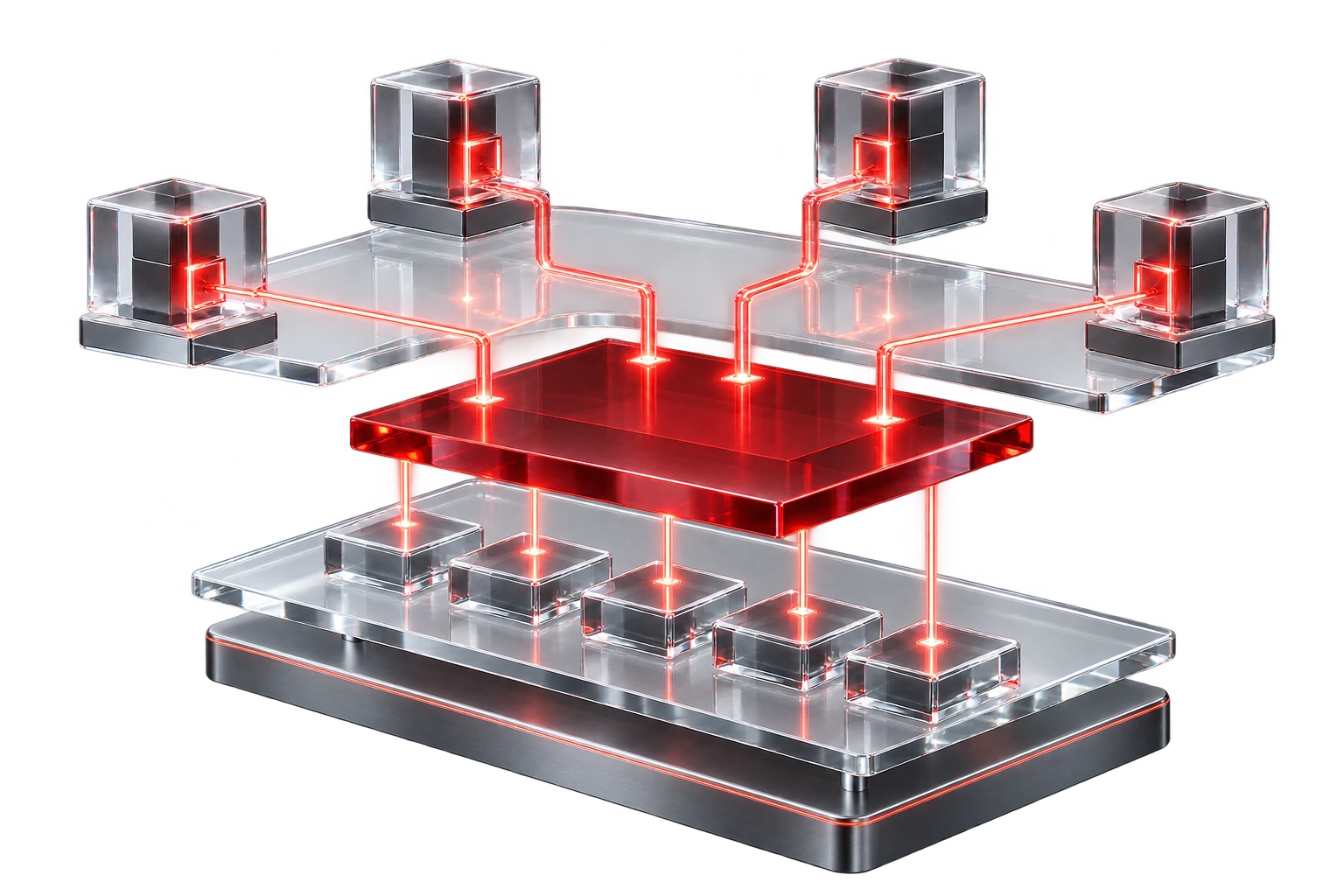 Glass validator nodes connected through a ruby consensus layer to a row of finalized blocks.