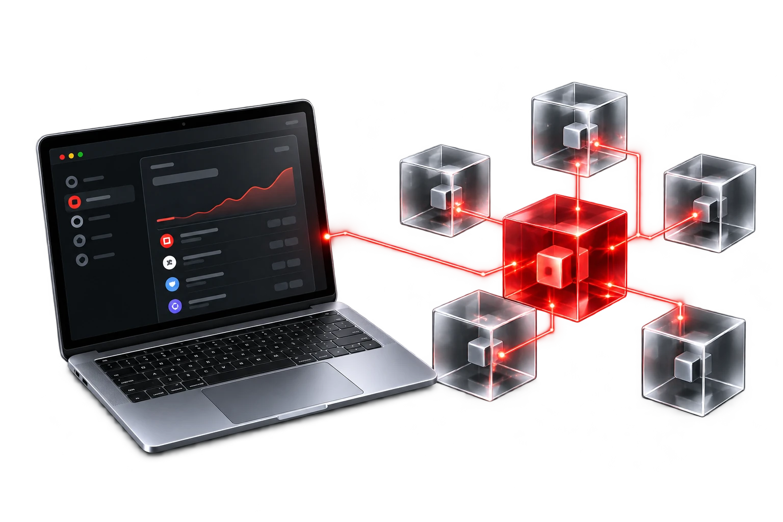A complete laptop connected to a ruby glass network core and clear glass nodes.