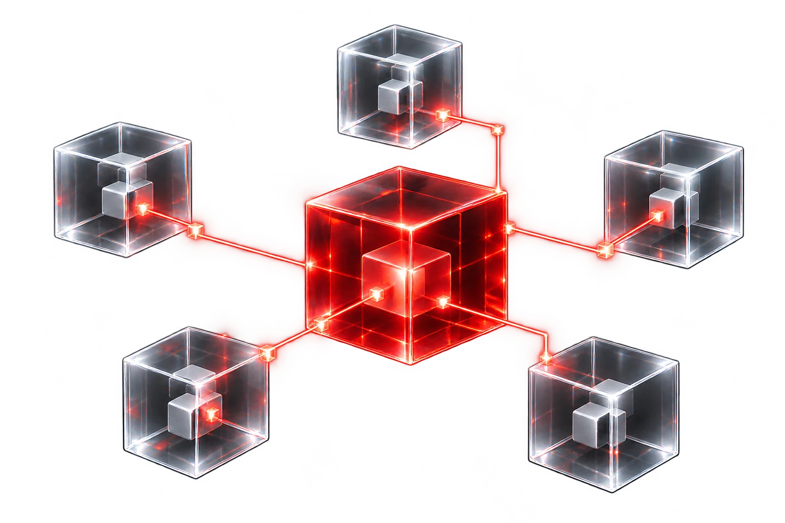 A ruby glass network hub coordinating connections with five independent clear glass nodes.