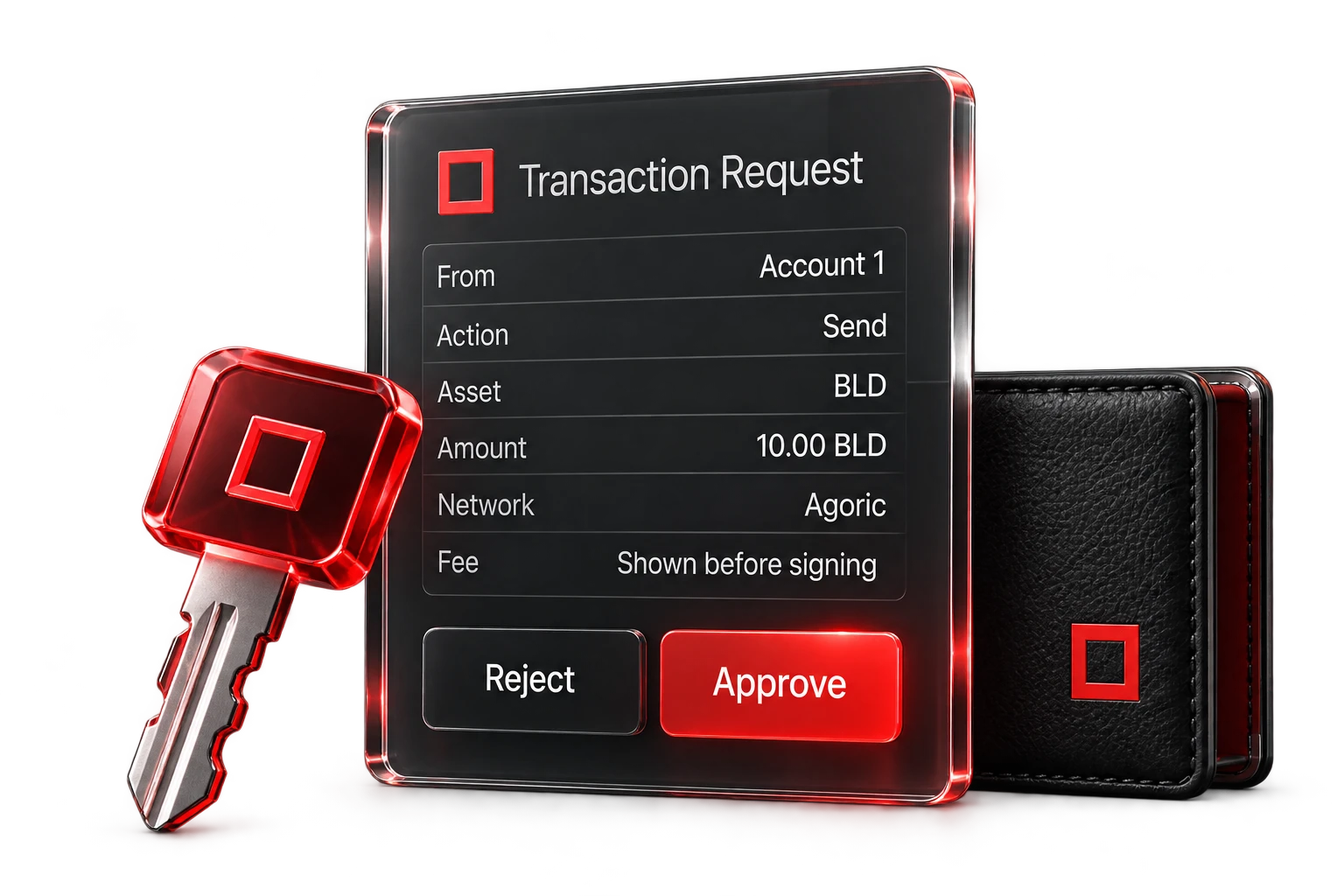 Illustrative glass transaction request with a ruby approval key and a black leather wallet.