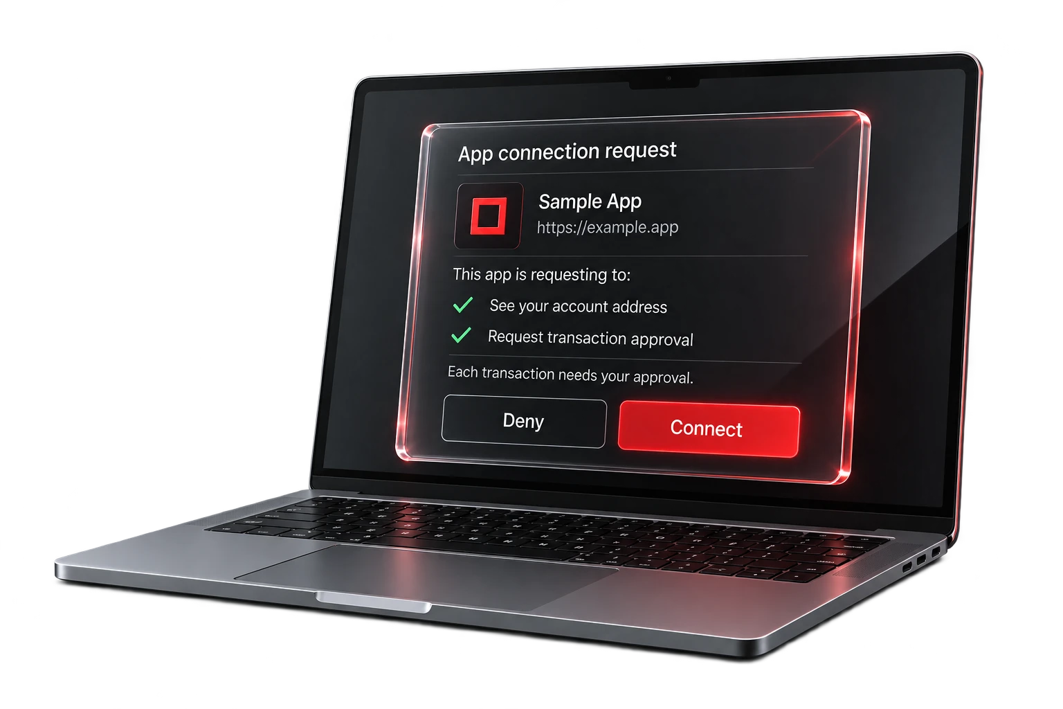 Illustrative complete laptop displaying a sample application's connection request and its permission scope.