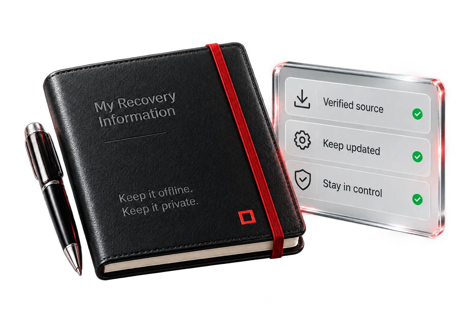 Closed recovery notebook, pen and clear glass tile representing software source verification and offline recovery storage.