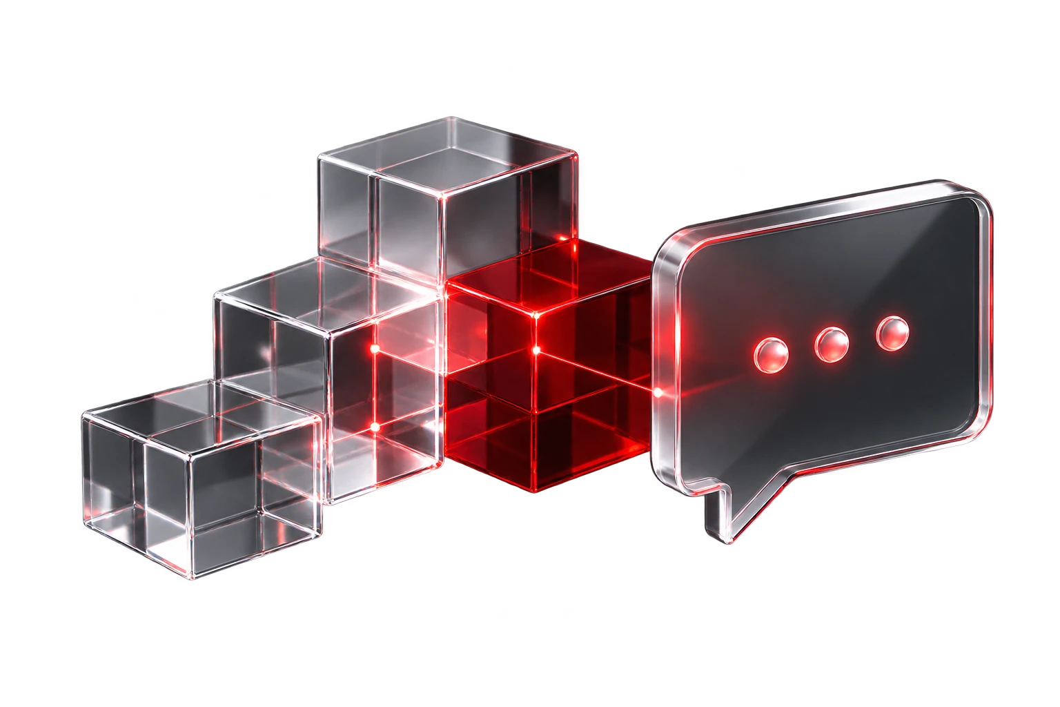 A dark speech-bubble panel beside connected clear glass and ruby cubes.