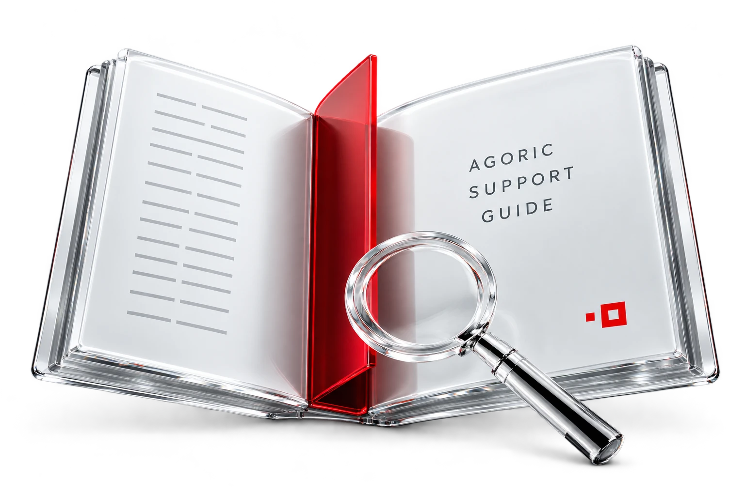 An open clear glass support guide with a ruby page divider and a silver magnifying lens.