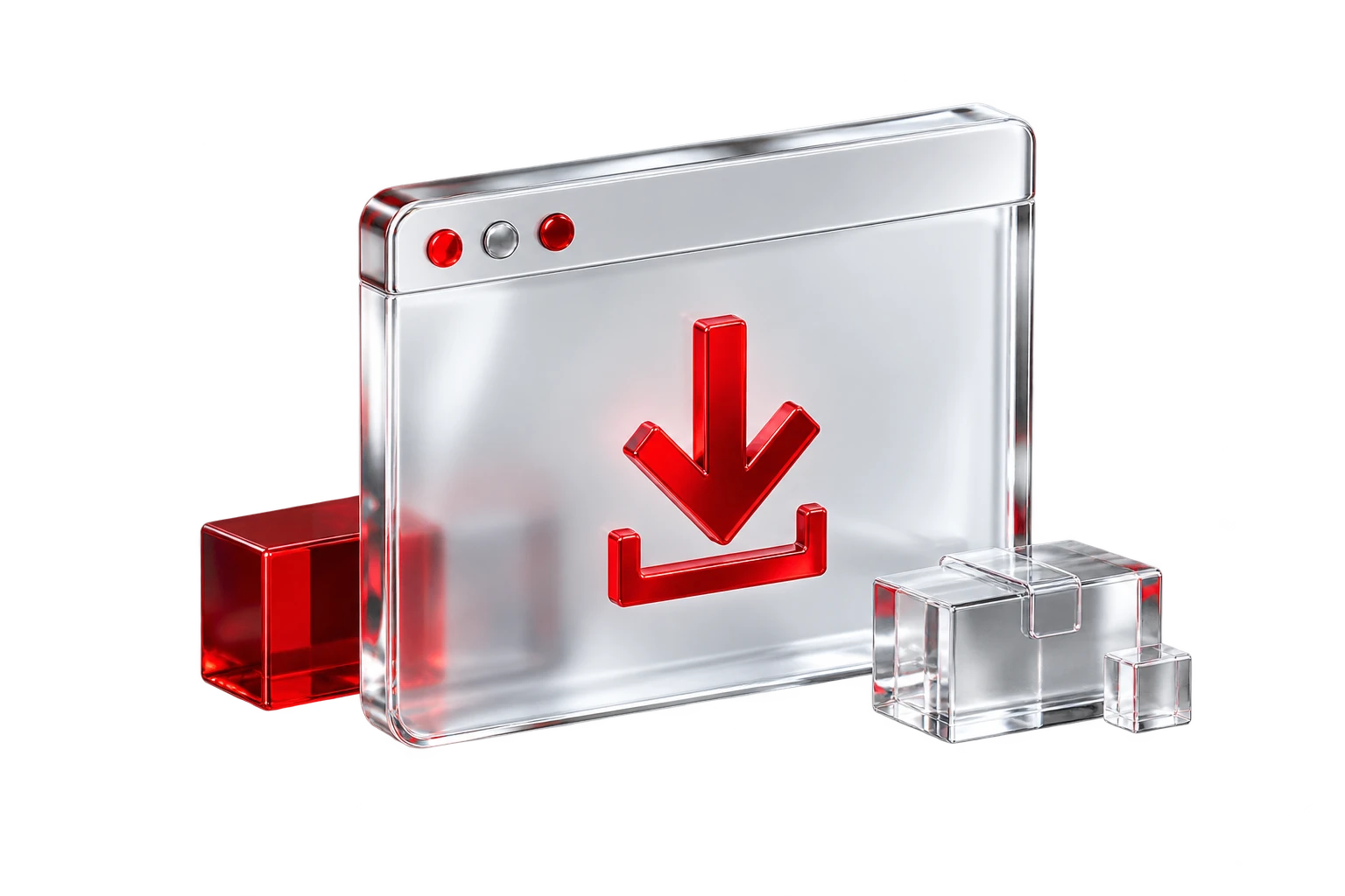 A clear glass installer panel with a ruby download arrow and a small application package.