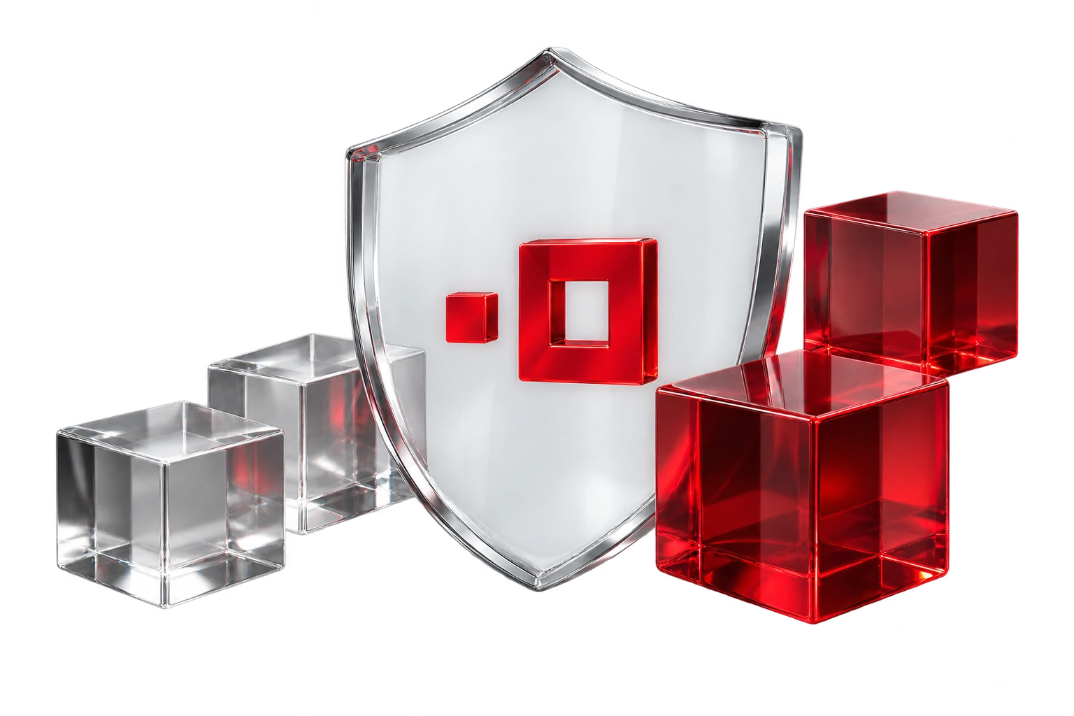 A clear glass shield and ruby blocks illustrating careful review and recovery protection.