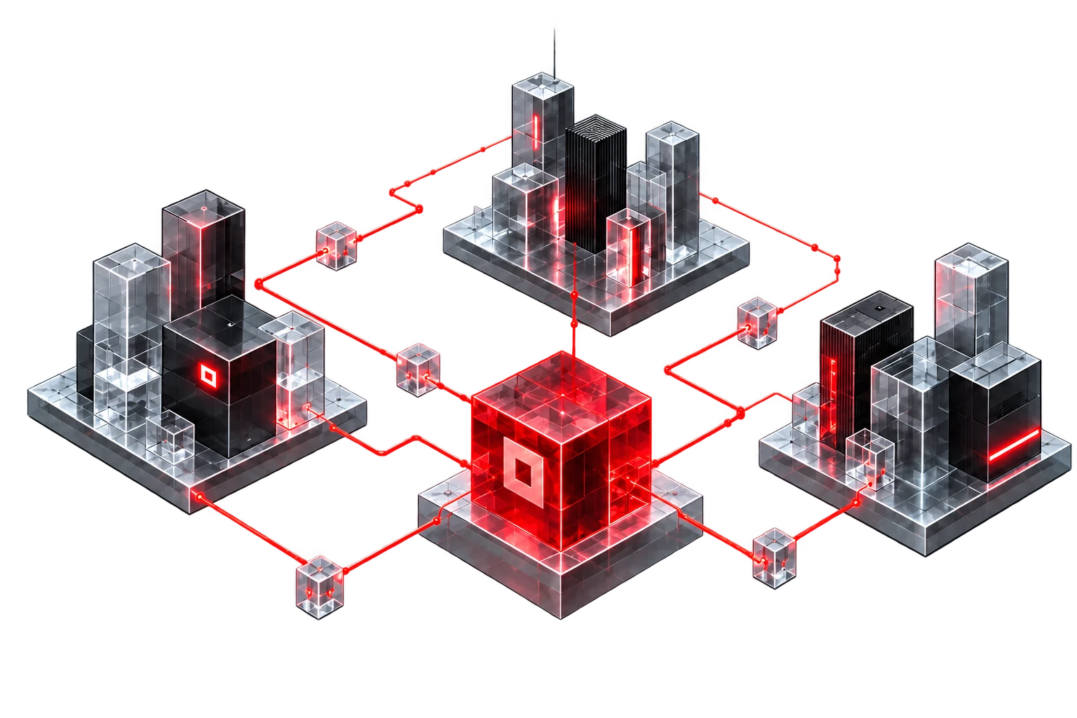 An isometric campus of three clusters of clear glass and charcoal towers, connected to a central red glass hub, representing the different roles around Agoric.