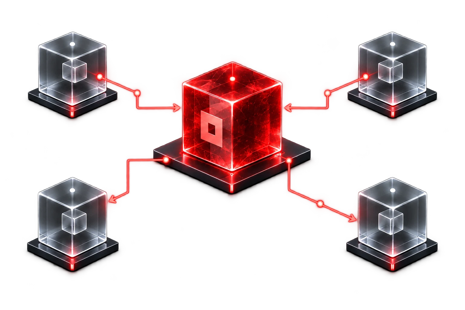 A red central Agoric hub linked to four glass modules representing independent chains, with directional paths illustrating interchain communication.