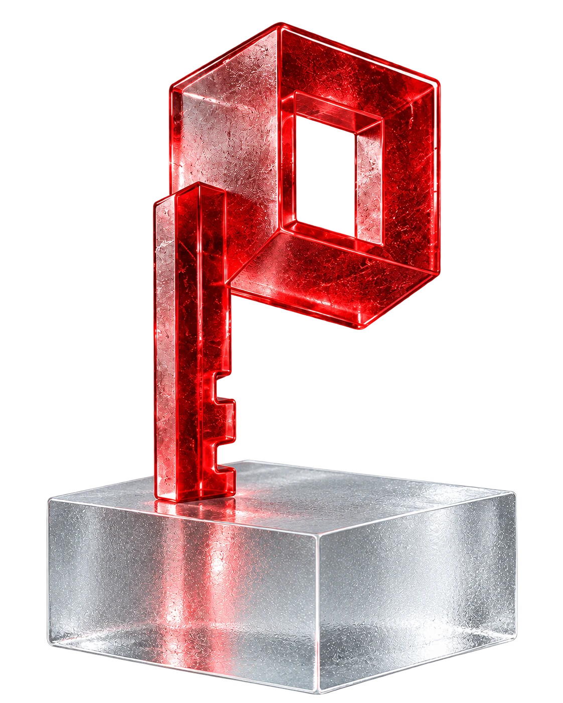 A translucent red glass key on a frosted glass pedestal, representing permission and control.