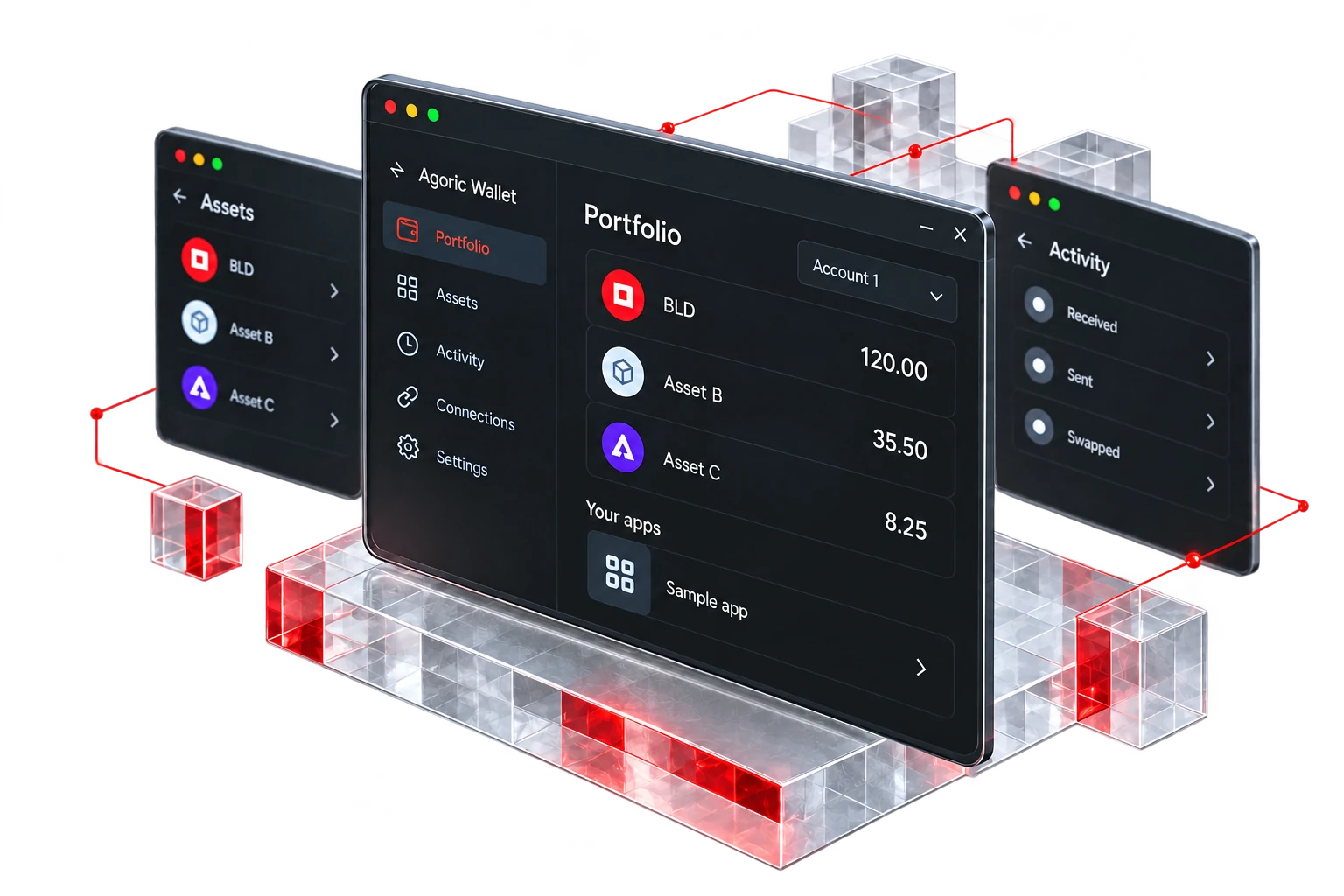 Illustrative portfolio screen of the Agoric desktop wallet in perspective. Sample data, not a live account.