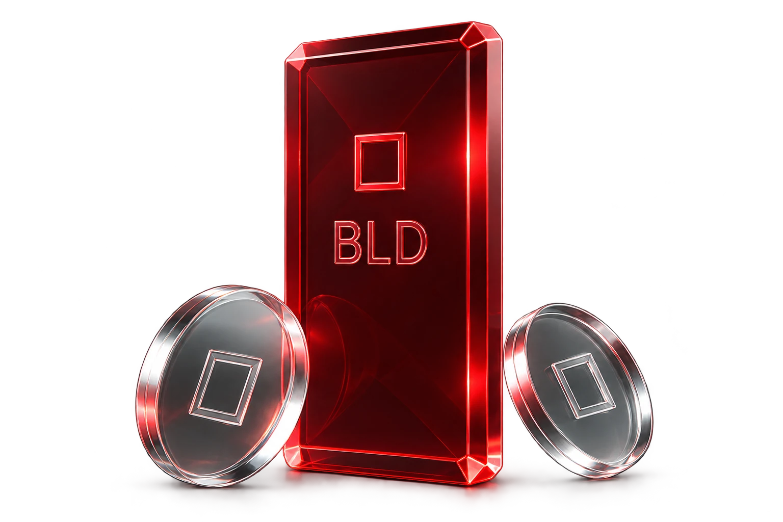 Ruby glass BLD plaque beside two clear glass token discs with the Agoric mark.