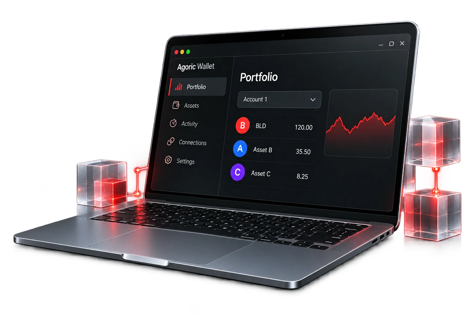 Illustrative Agoric Wallet portfolio on a complete silver laptop, with clear glass cubes and ruby lighting.