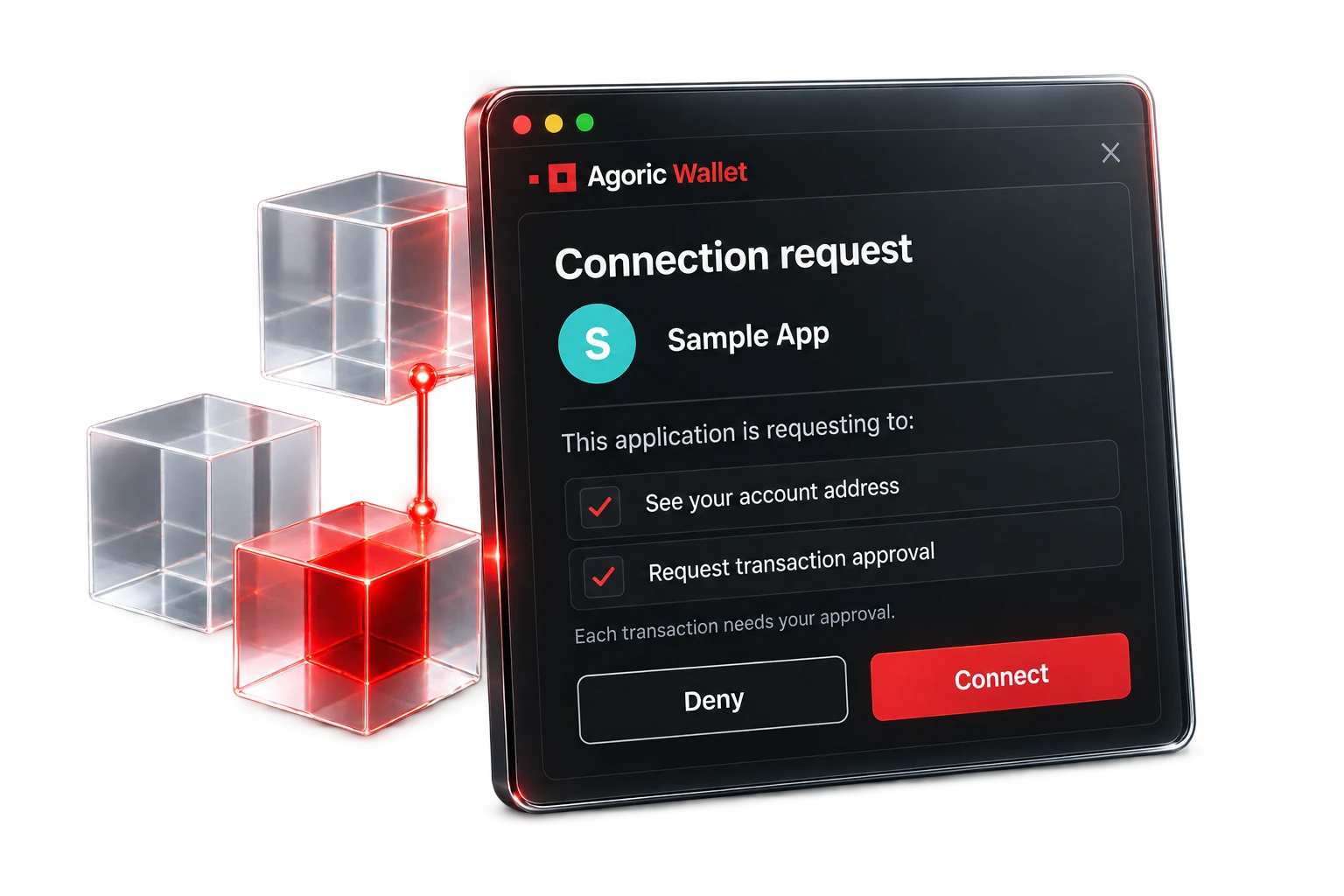 Illustrative app connection request listing access to the account address and the ability to request transaction approval.