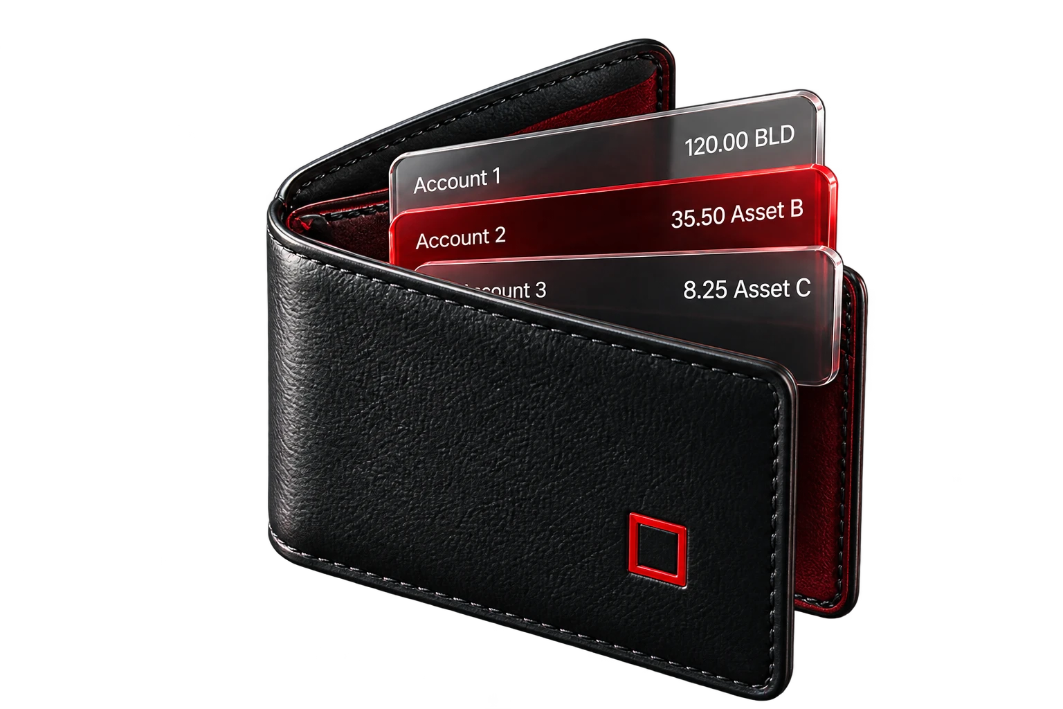 Symbolic black leather wallet with three glass account cards and sample asset holdings.