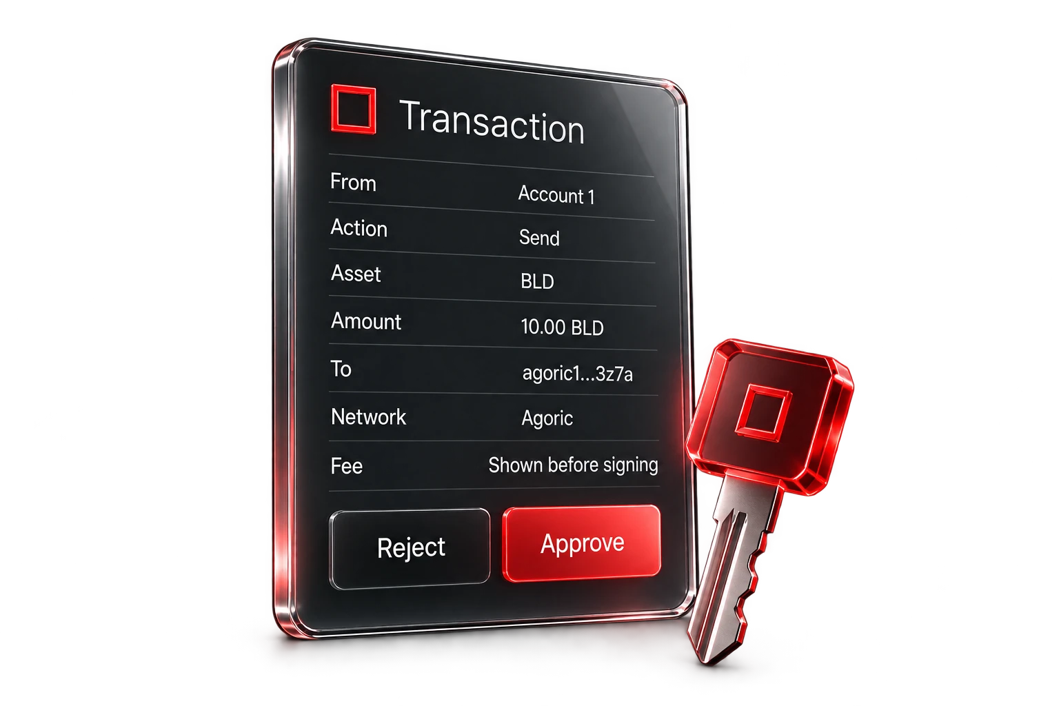 Glass transaction sheet with sample review details and a ruby approval key.